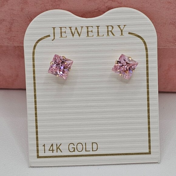 14KT Gold Square Pink Cubic Zirconia Screw Back Stud Earrings 4mm